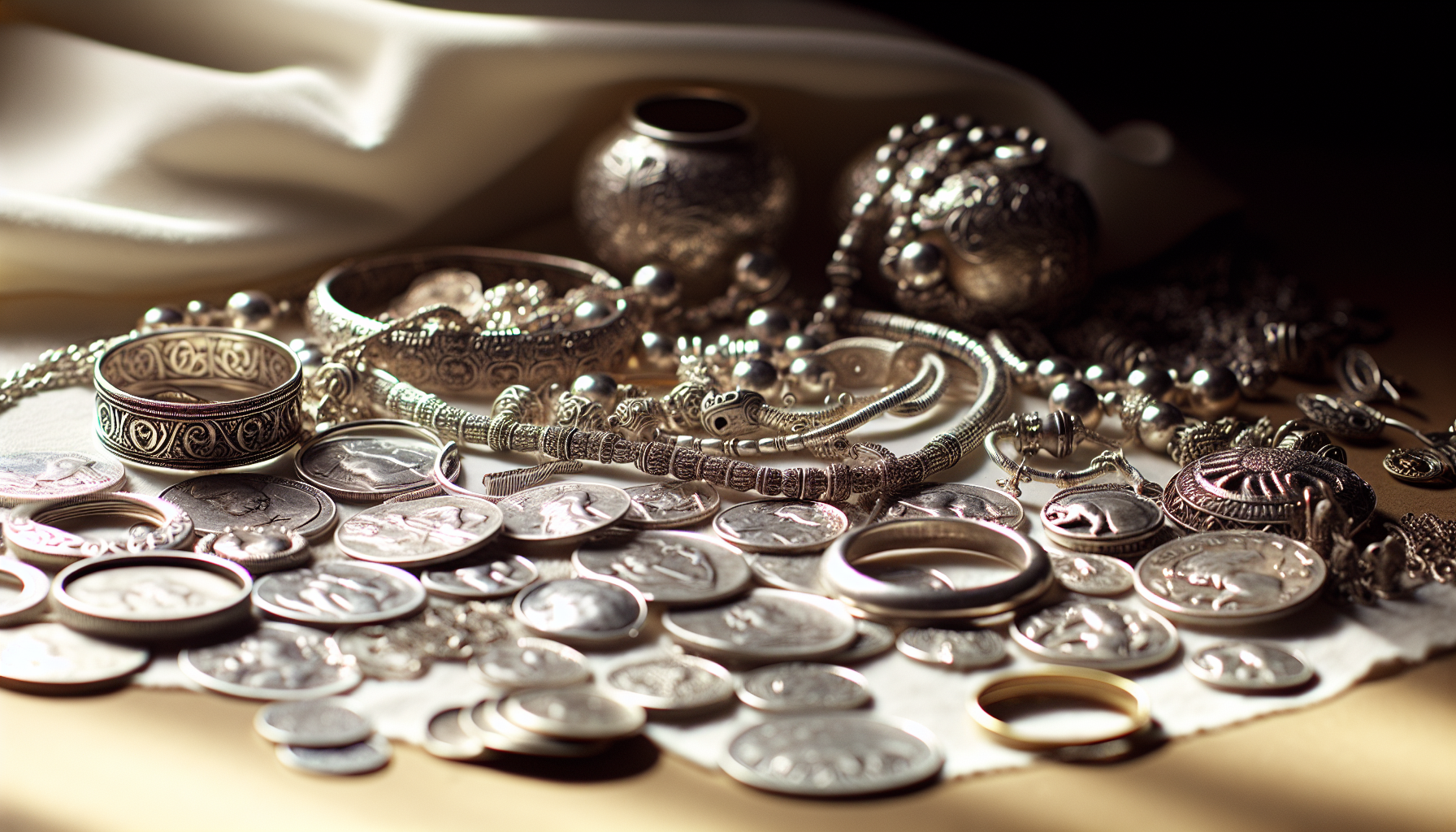 A collection of silver coins and jewelry