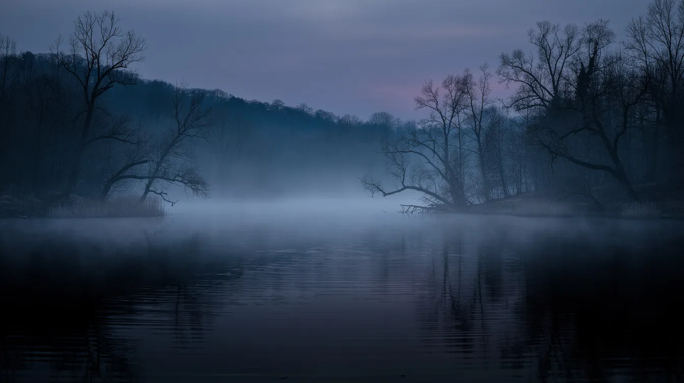Ein stiller, dunkler See bei Dämmerung ist von aufsteigendem Nebel umgeben, während kahle Bäume die melancholische Stimmung verstärken. Diese Szenerie erinnert an die bedrückende Atmosphäre des Psychothrillers "Shutter Island", in dem die Grenzen zwischen Wahn und Wirklichkeit verschwimmen.