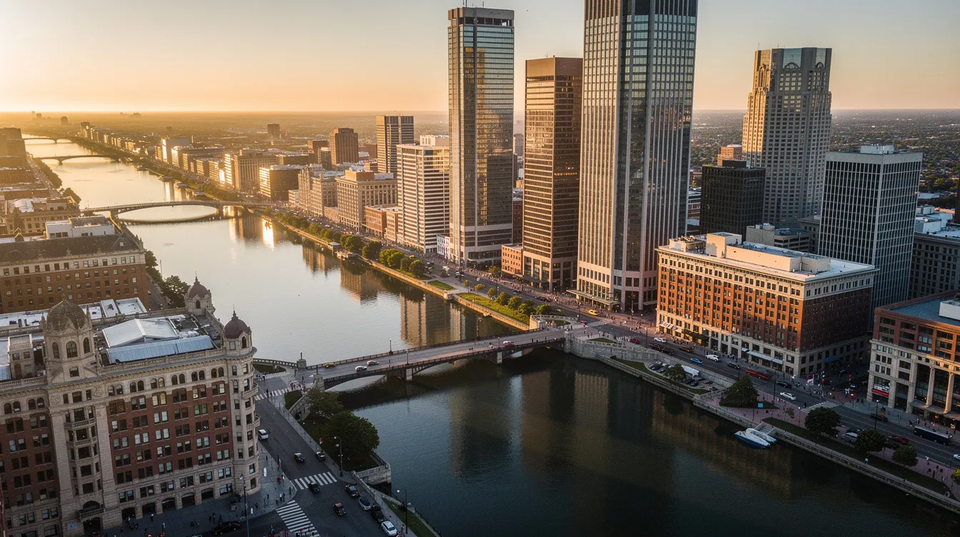 An aerial view showcases a vibrant downtown cityscape, blending historic buildings with modern structures along a winding river, highlighting the importance of historic preservation and adaptive reuse projects in urban development. This dynamic landscape reflects the evolution of architecture and community planning, illustrating the benefits of integrating older buildings into contemporary environments.