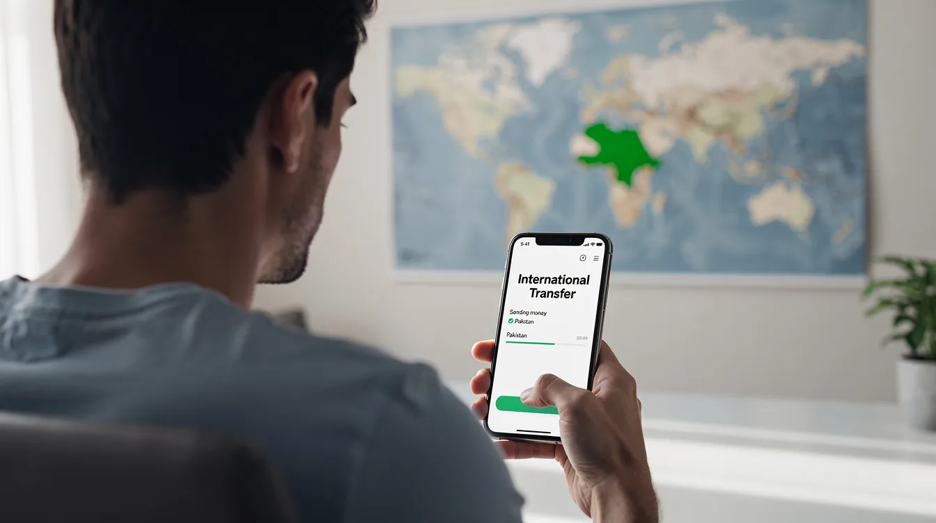 A person is using a smartphone to initiate an international money transfer, while a map of Pakistan is prominently displayed in the background, highlighting the connection to Sindh Bank and its services for secure international payments. The image captures the essence of modern financial transactions, emphasizing the ease of sending money across borders.