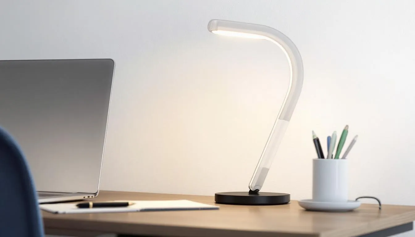 A modern freestanding LED desk lamp is positioned on a workspace, featuring a sleek design with adjustable arms and multiple brightness settings to provide proper lighting for various tasks. The lamp's compact base houses built-in LEDs, making it an energy-efficient choice for reducing eye strain in a home office environment.