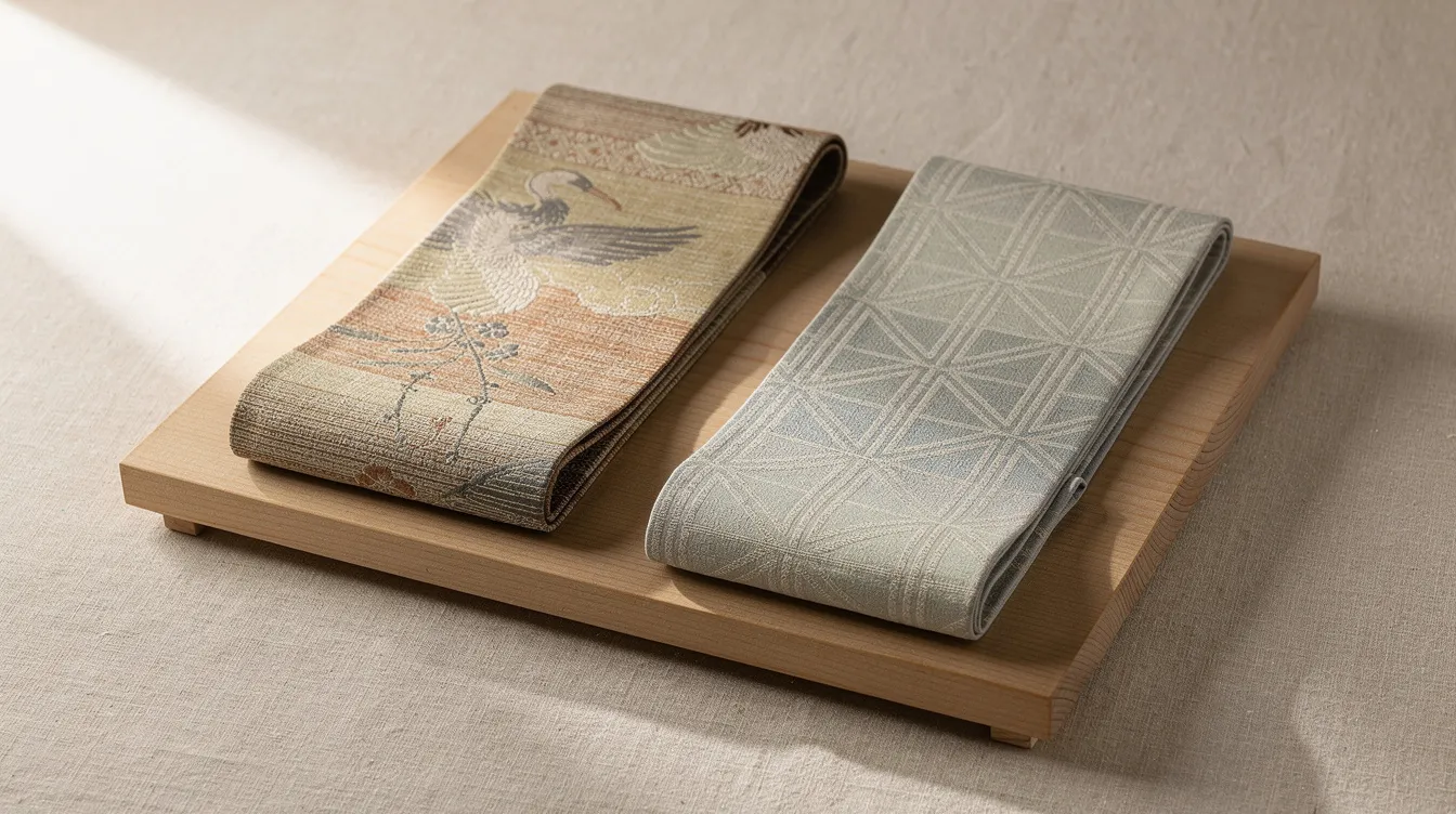 The image features a wooden display showcasing two different types of obi sashes, specifically a fukuro obi and a nagoya obi, positioned side by side on a natural linen surface. The contrast between the formal fukuro obi and the more casual nagoya obi highlights the variety of styles available for wearing kimono outfits.