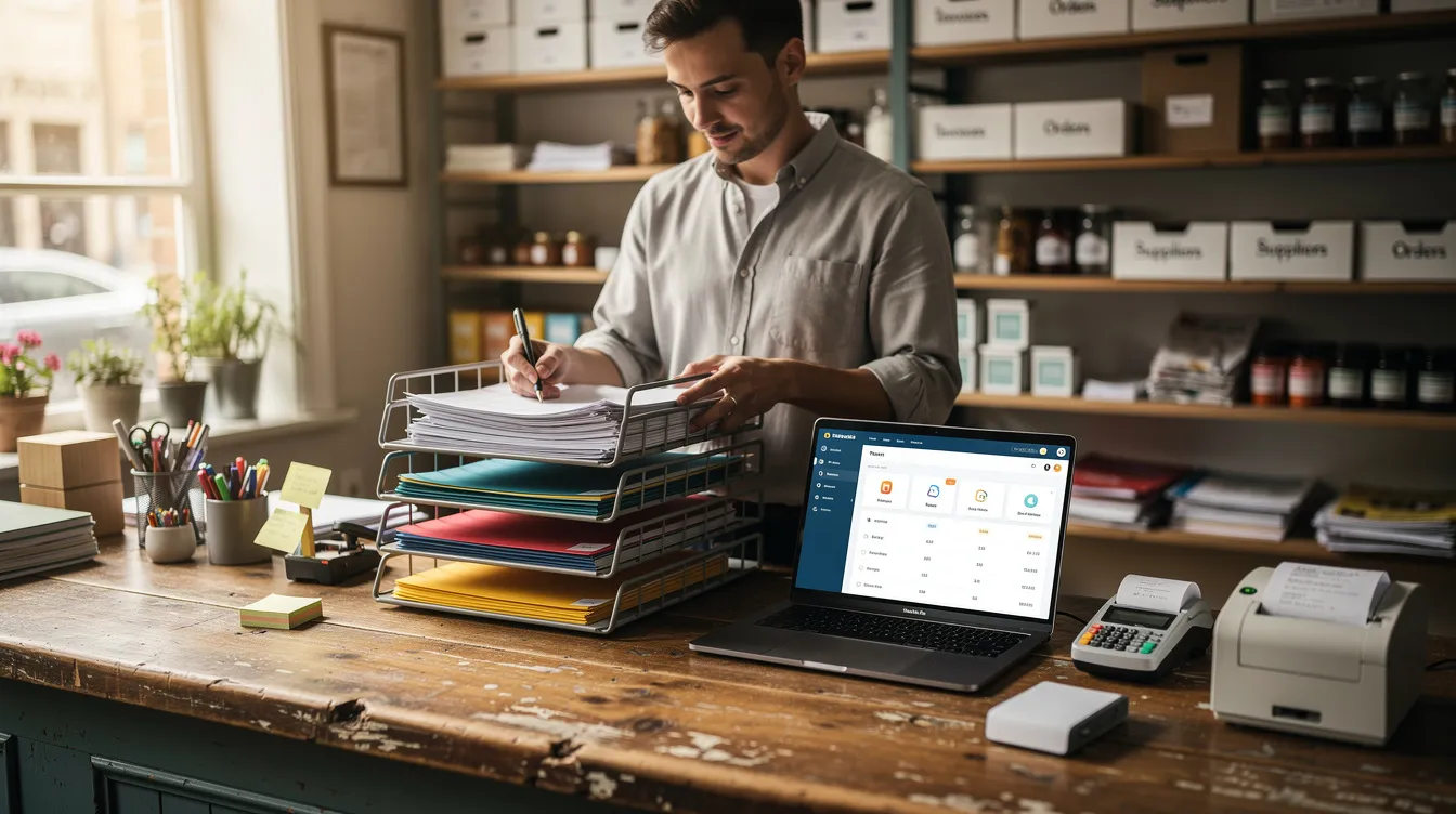 A small business owner is seen organizing various documents, including bank statements and loan application papers, at a shop counter alongside a laptop. This scene reflects the essential business operations involved in applying for financial assistance, such as mudra loans, under the Pradhan Mantri Mudra Yojana to support small businesses.