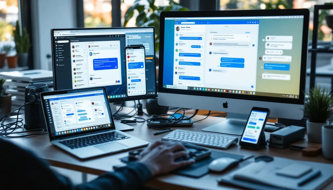 The image showcases multiple AI chatbot platforms displayed on both desktop and mobile devices, highlighting their various interfaces designed for user interactions. Each platform illustrates how generative AI and natural language processing are utilized to create human-like conversations and enhance customer experiences.