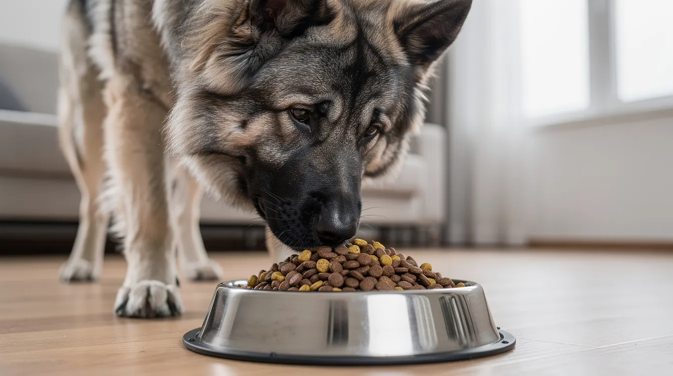 A large Caucasian shepherd dog, known for its muscular build and thick double coat, is eagerly poised to eat high-quality kibble from a dog bowl, showcasing its protective nature and gentle temperament as a family pet. This image highlights the dog's readiness for mealtime, emphasizing its role as a loyal companion and excellent guard dog.