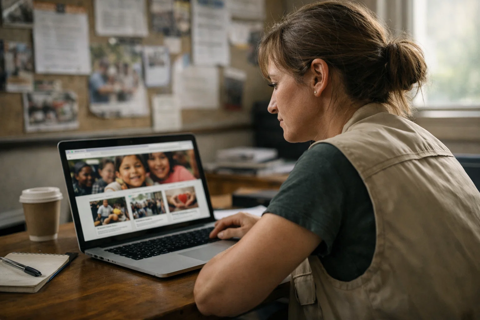 Charity worker reviewing a charity website in a community office environment.