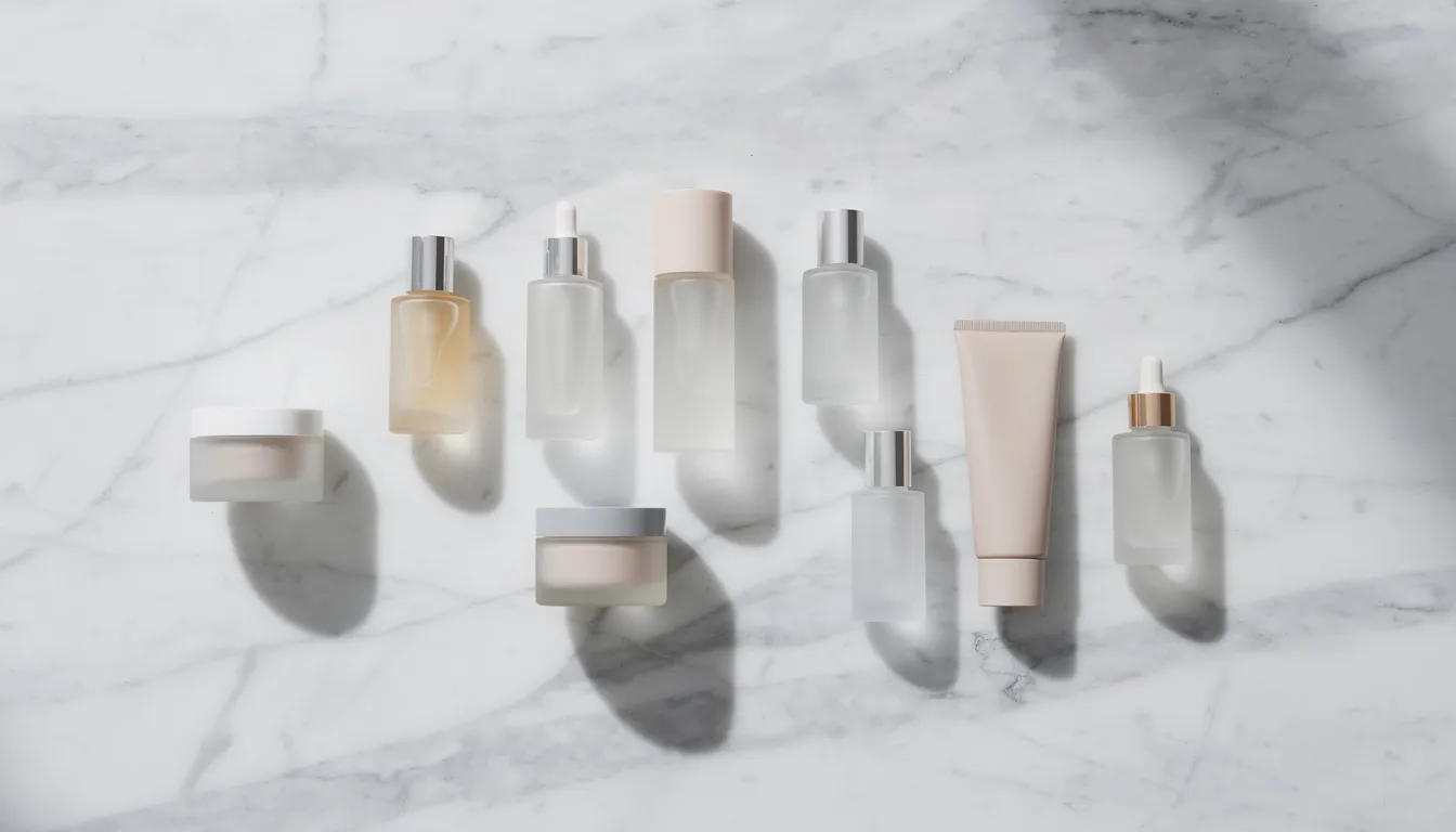 Na jasnym tle marmurowym elegancko ułożone produkty do pielęgnacji skóry, które mogą pomóc w leczeniu trądziku zaskórnikowego oraz regulacji wydzielania sebum. W skład zestawu wchodzą różnorodne preparaty, które wspierają oczyszczanie twarzy i poprawiają kondycję cery trądzikowej.