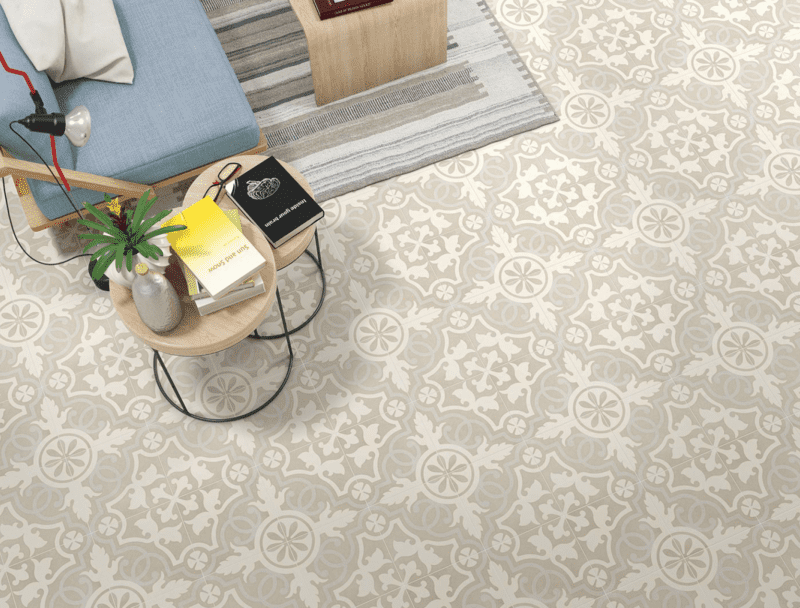 Svenska Tulpan glazed porcelain encaustic cement effect pattern floor tiles by Vives. 