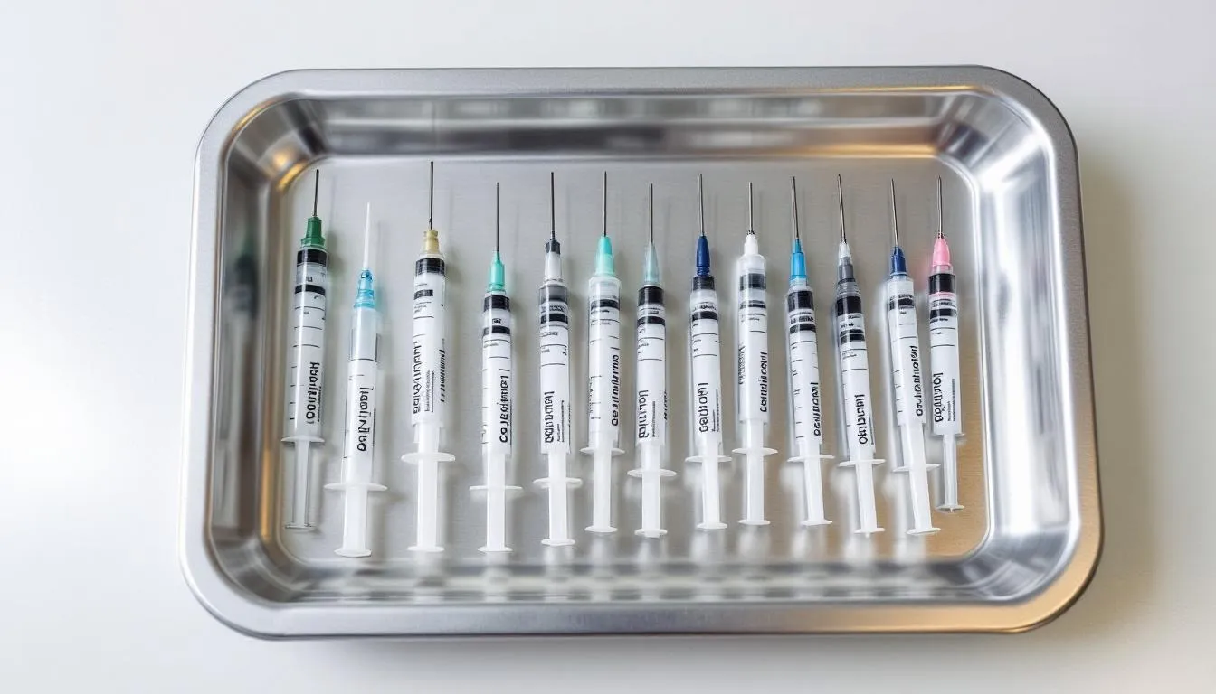 The image displays an array of different types of dermal filler syringes organized neatly on a medical tray, showcasing various options for cheek filler treatments. These syringes, containing hyaluronic acid fillers and other dermal fillers, are essential for procedures aimed at enhancing cheek volume and restoring a youthful appearance.