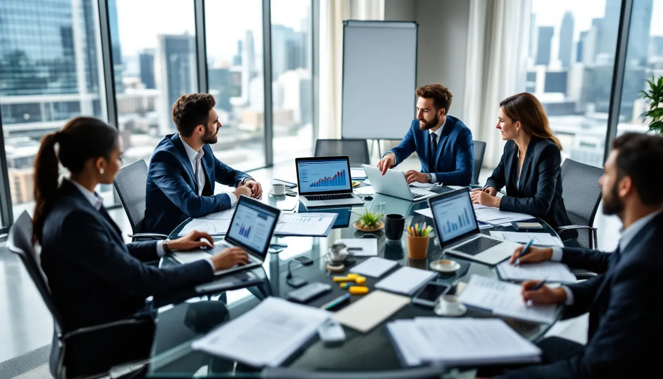 A business team is gathered around a conference table, engaged in a meeting with laptops open and data charts displayed, discussing topics related to data engineering and the integration of Azure Data Factory and Databricks for scalable data transformation and analytics. The atmosphere is collaborative, highlighting the importance of data workflows and the use of advanced analytics in their projects.