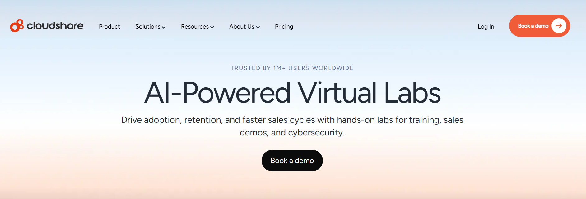 CloudShare homepage highlighting AI-powered virtual labs for hands-on software training, product demonstrations, and enterprise learning.