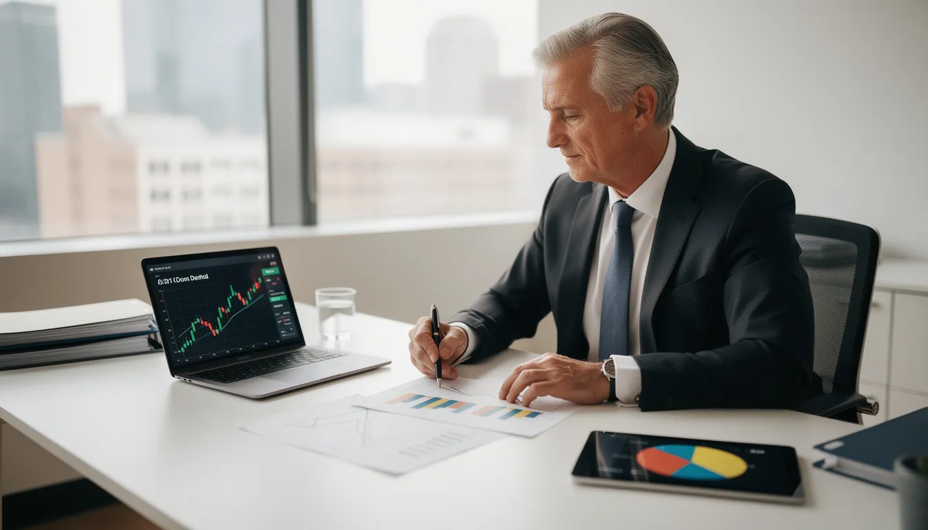 A mature business professional is seated at a desk, intently reviewing financial charts and documents that likely pertain to retirement plans and investment options. The setting suggests a focus on retirement savings strategies and the management of plan assets for optimal growth.