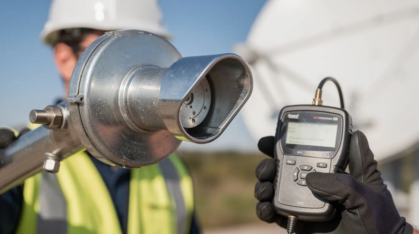 A technician is closely inspecting and testing the LNB of a satellite dish, ensuring optimal signal quality for a professional DSTV installation. The technician is equipped with tools to address any potential DSTV signal problems during the installation process.