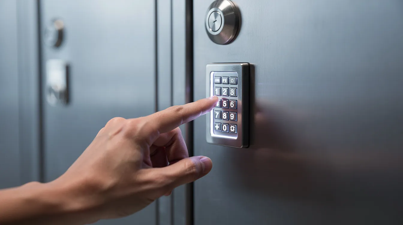 A close-up image shows a hand entering a PIN code on a small keypad attached to a secure storage locker. This design offers easy access for individuals experiencing homelessness, allowing them to safely store their belongings and devices.