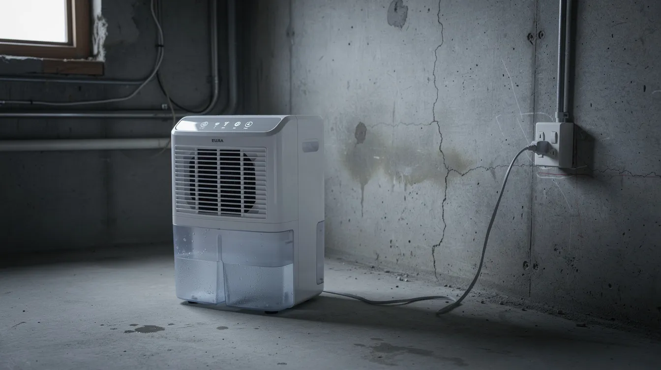 A dehumidifier is actively running in a basement, positioned next to a concrete wall, helping to control excess moisture and prevent mold growth. This setup is crucial for maintaining indoor humidity levels and reducing the risk of mold spores and related health effects.