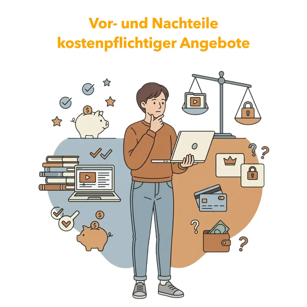 Illustration zu Vor- und Nachteilen kostenpflichtiger Angebote für Masterarbeit-Beispiele: Student vergleicht Kosten, Nutzen und verfügbare Inhalte