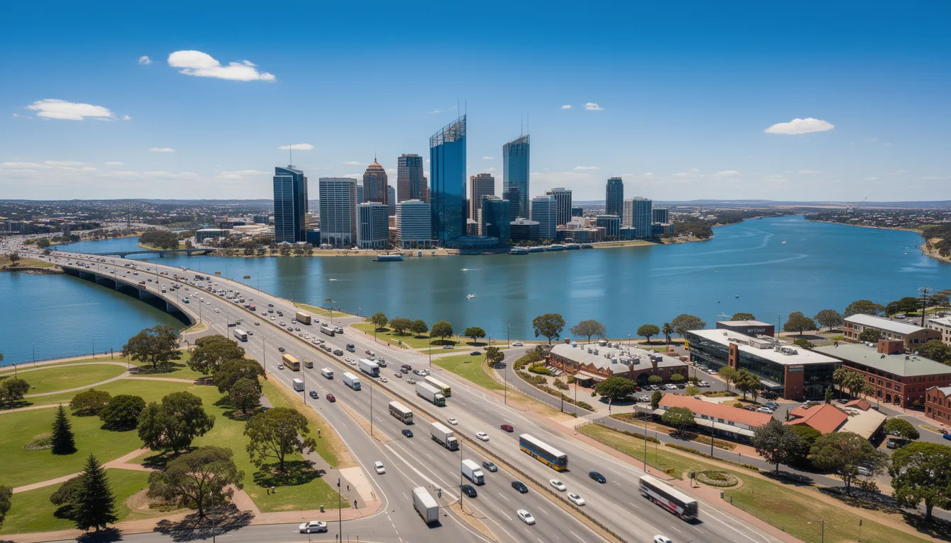 An aerial view of Perth city showcases the modern skyline with tall buildings and a busy highway filled with cars during the daytime. This vibrant urban scene highlights the transport infrastructure and the dynamic flow of vehicles, reflecting the city's bustling atmosphere.