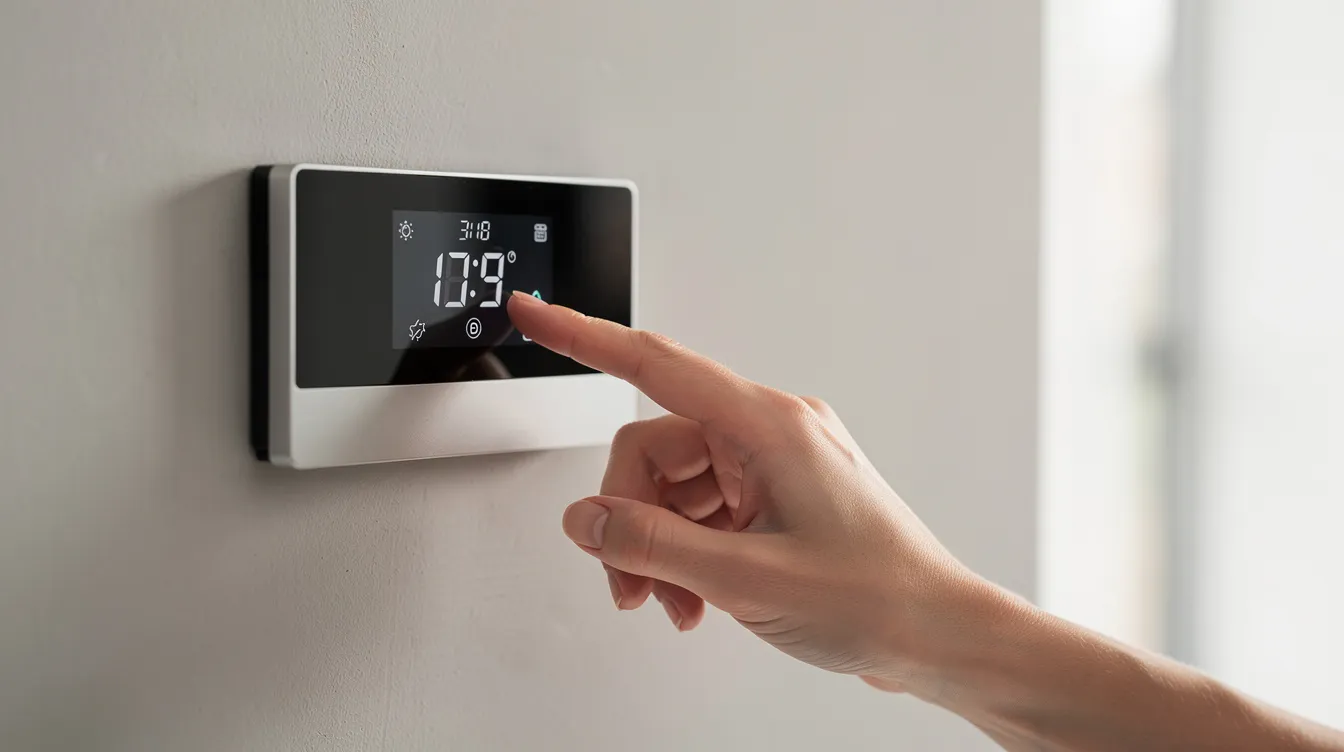 A person is adjusting a modern digital thermostat mounted on a wall, ensuring optimal indoor temperature for their air conditioning system. This action is essential for maintaining indoor comfort and system efficiency in the home.