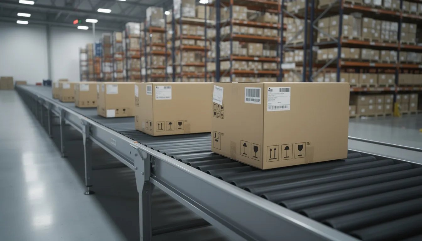 The image shows a series of cardboard packages moving along a conveyor belt in a modern warehouse, highlighting the efficient inventory management typical of a dropshipping business model. This setting emphasizes the streamlined process of selling products online, crucial for affiliate marketers and those operating an ecommerce store.
