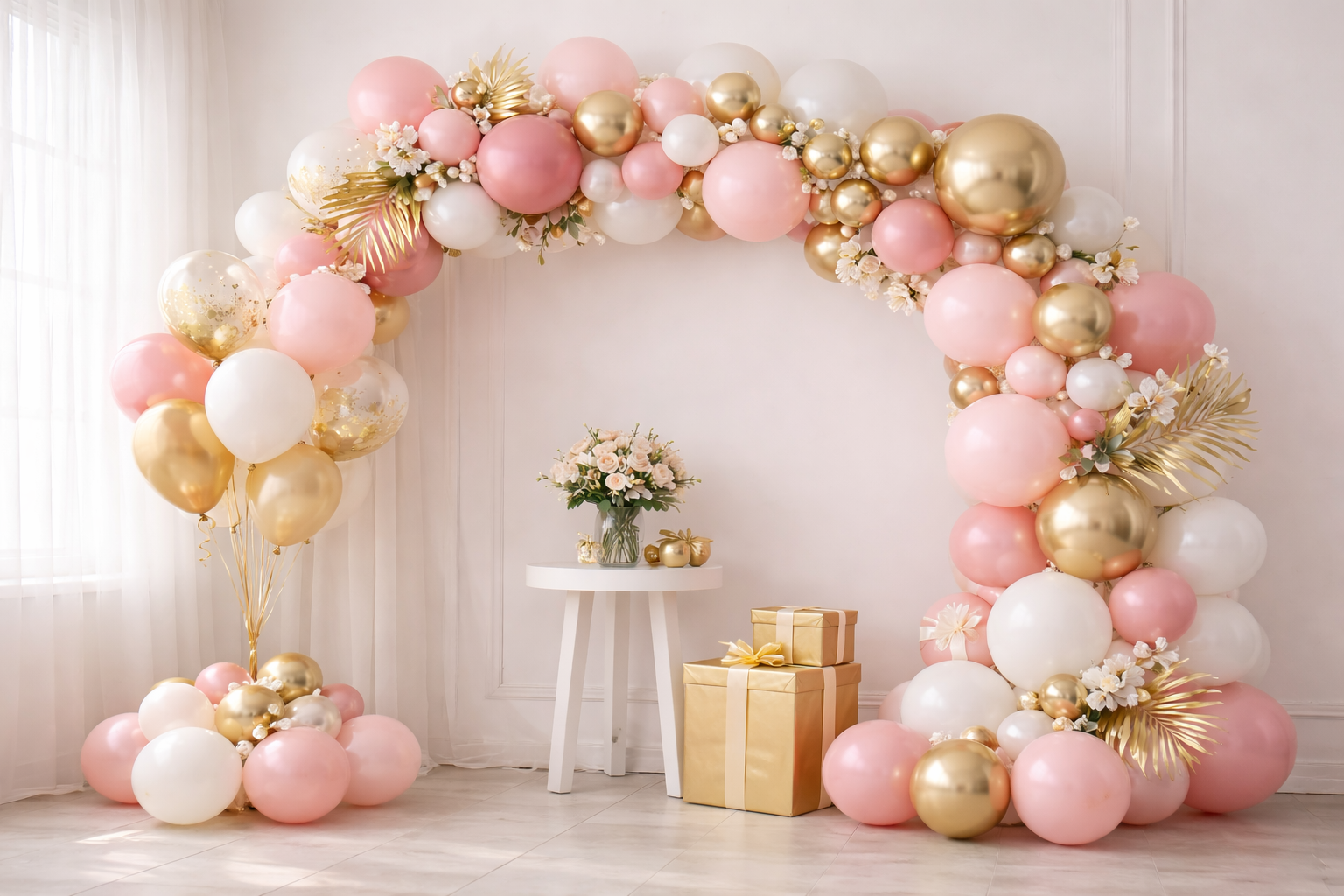 Woran erkennt man hochwertige Ballondekoration für Feiern? 4 Jubiläumsdekoration im Freien mit moderner Ballonkomposition in Weiß, Gold und Rosé und eleganten Blumenarrangements.
