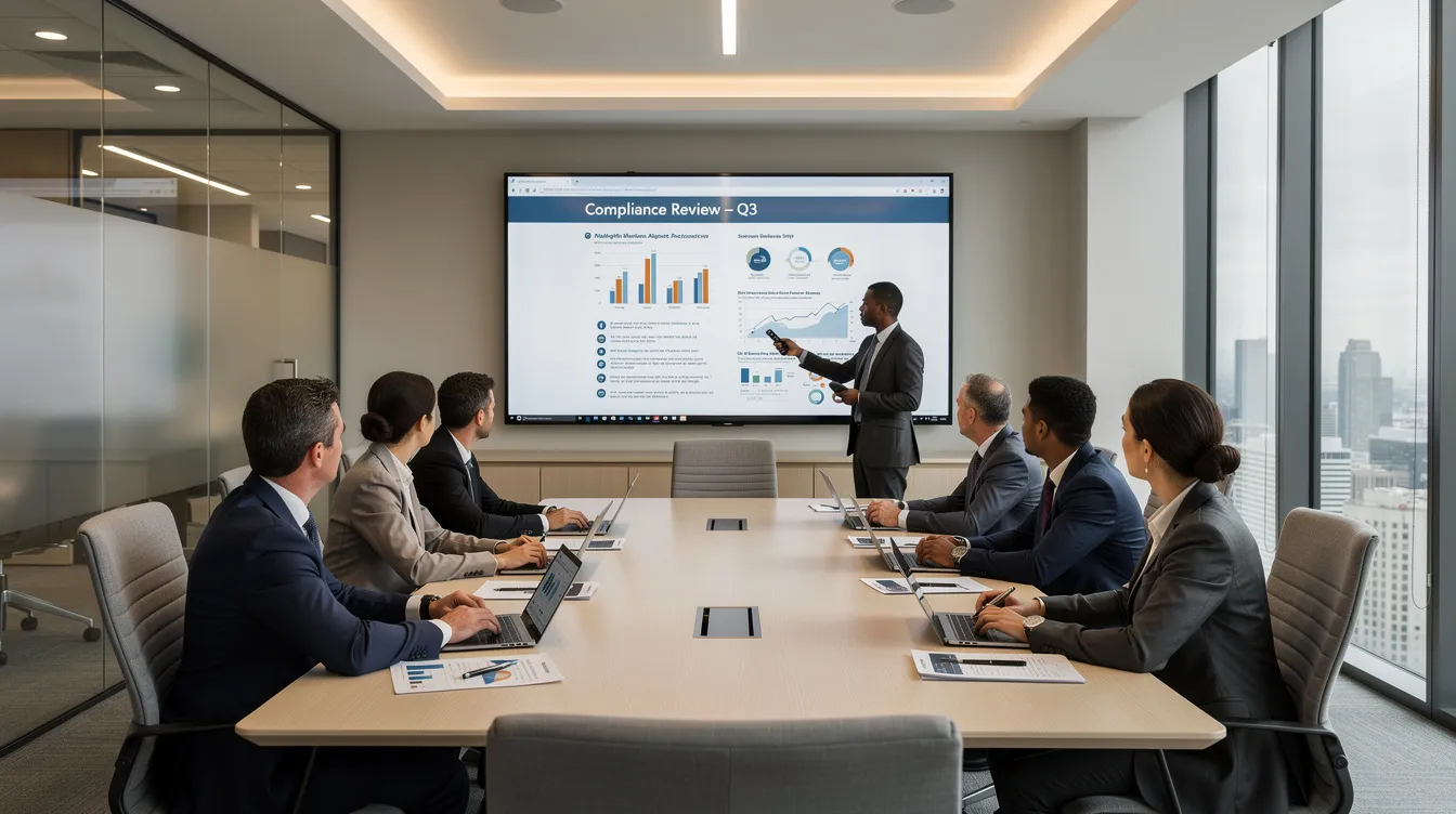 The image depicts a professional meeting room where a compliance team is engaged in a discussion, reviewing documents displayed on a large screen. This setting emphasizes the importance of compliance management in financial institutions, focusing on anti money laundering (AML) solutions and ongoing transaction monitoring to mitigate financial crime risks.