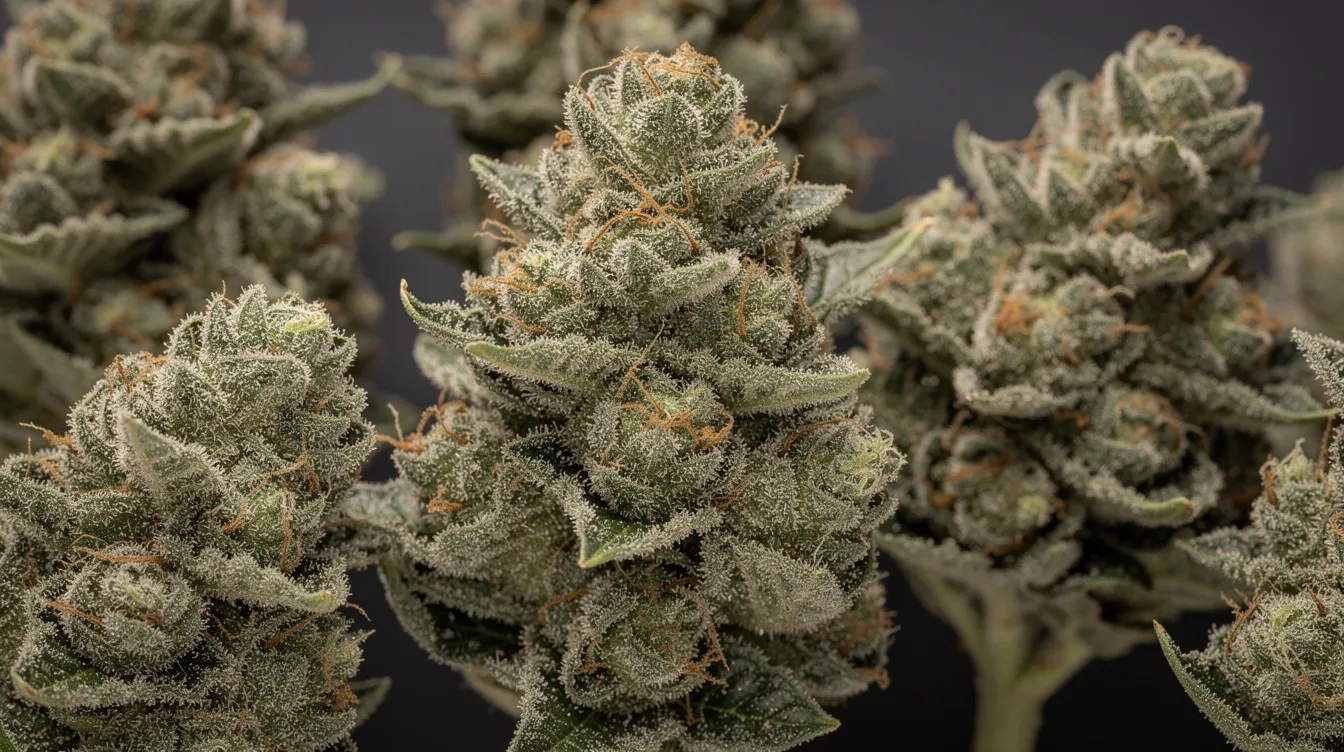 A close-up image showcases dense, dark green cannabis buds of the hardcore OG strain, adorned with frosty trichomes and vibrant orange pistils. This indica dominant hybrid is known for its potent effects, providing pain relief and deep relaxation for users seeking relief from chronic pain and muscle tension.
