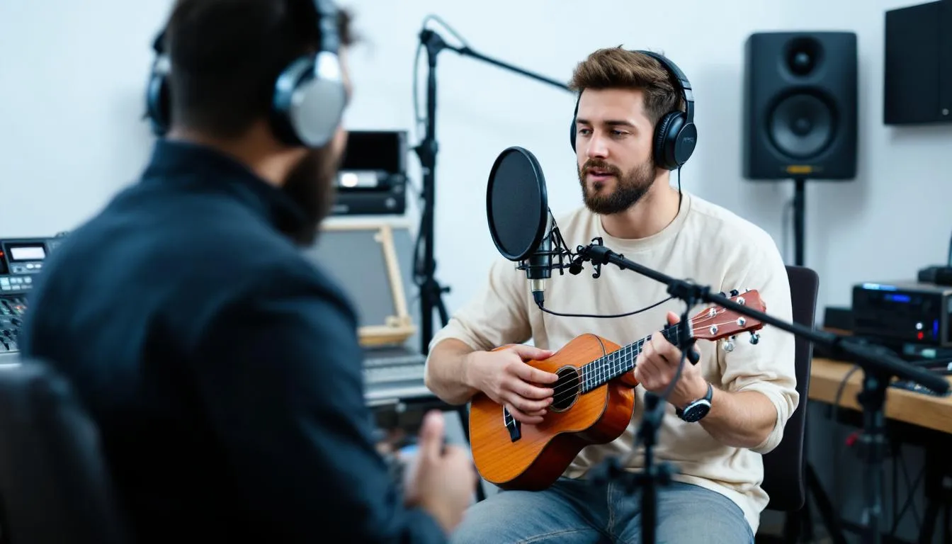 Die professionelle Studio-Aufnahme zeigt eine verstärkte Ukulele, die mit einem Piezo-Tonabnehmer ausgestattet ist, um den Klang optimal einzufangen. Umgeben von hochwertigem Audio-Equipment und einem Mischpult, wird die Ukulele für einen Konzertauftritt vorbereitet.