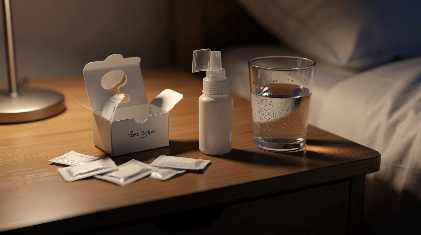 The image shows nasal strips and saline spray placed on a wooden bedside table alongside a glass of water, suggesting a focus on improving nasal breathing for better sleep. These items may help alleviate symptoms of nasal obstruction and promote restful sleep by encouraging breathing through your nose.