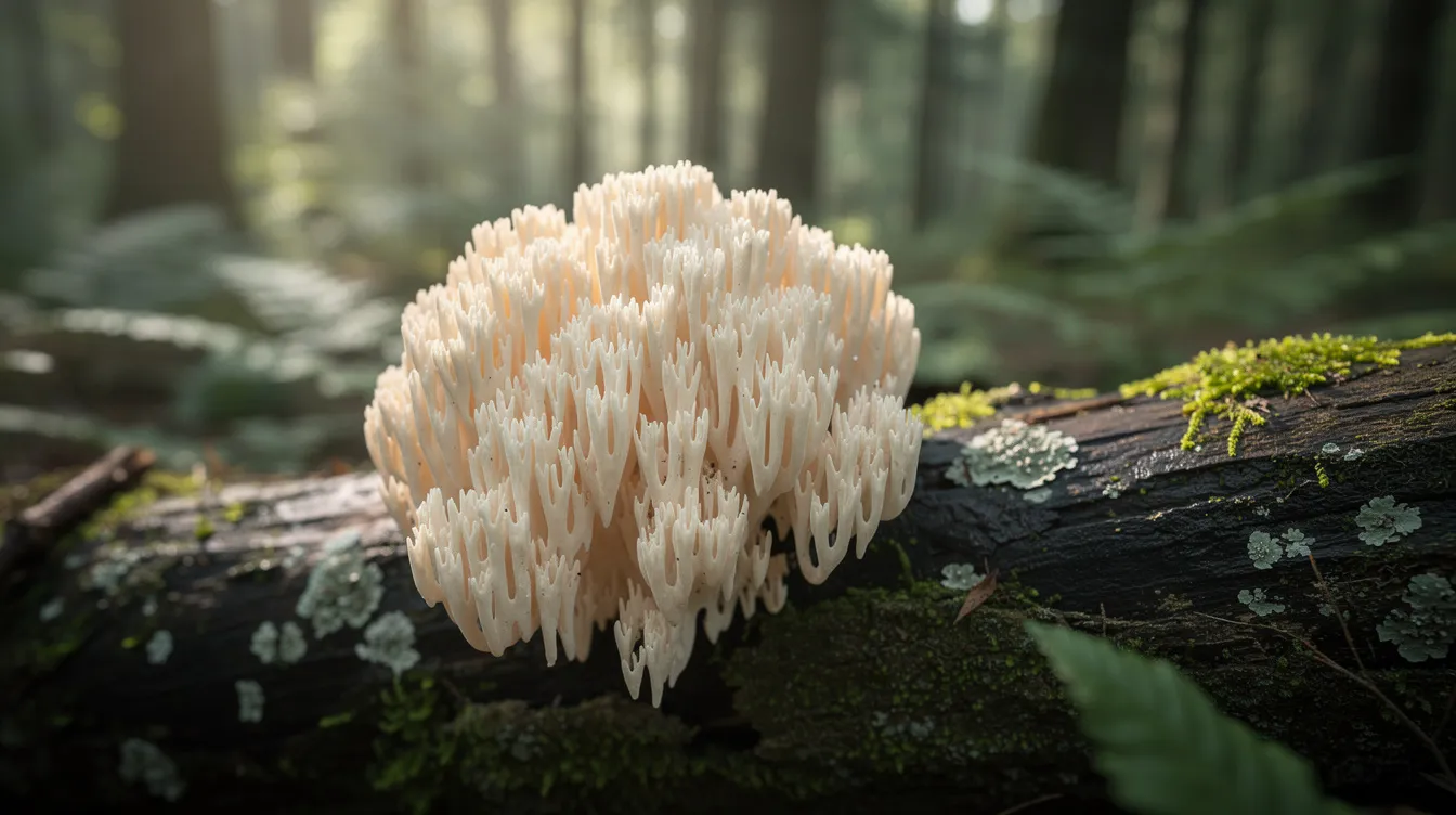 The image shows a fresh Lion's Mane mushroom, also known as Hericium erinaceus, growing on a log in a lush forest setting. This medicinal mushroom is often associated with cognitive support and brain health, making it a popular choice for those seeking functional mushrooms to enhance focus and mental clarity.