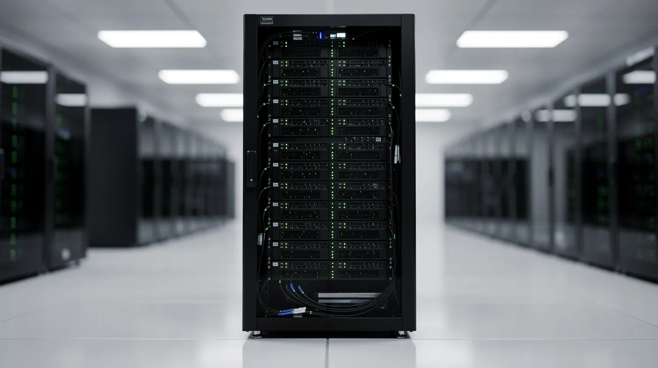 The image shows a server rack filled with multiple servers, illuminated by green status lights, in a modern data center environment. This setup is essential for managing multiple WordPress sites efficiently, ensuring optimal performance and reliability for website visitors.