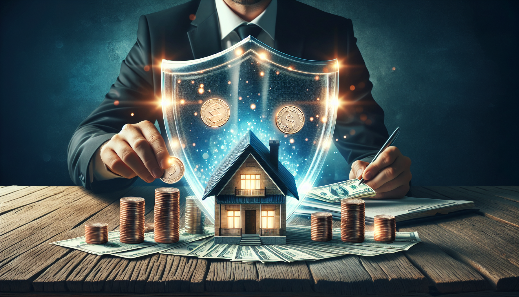 Illustration of a person managing finances and a house with a shield, representing proactive measures to prevent future foreclosures