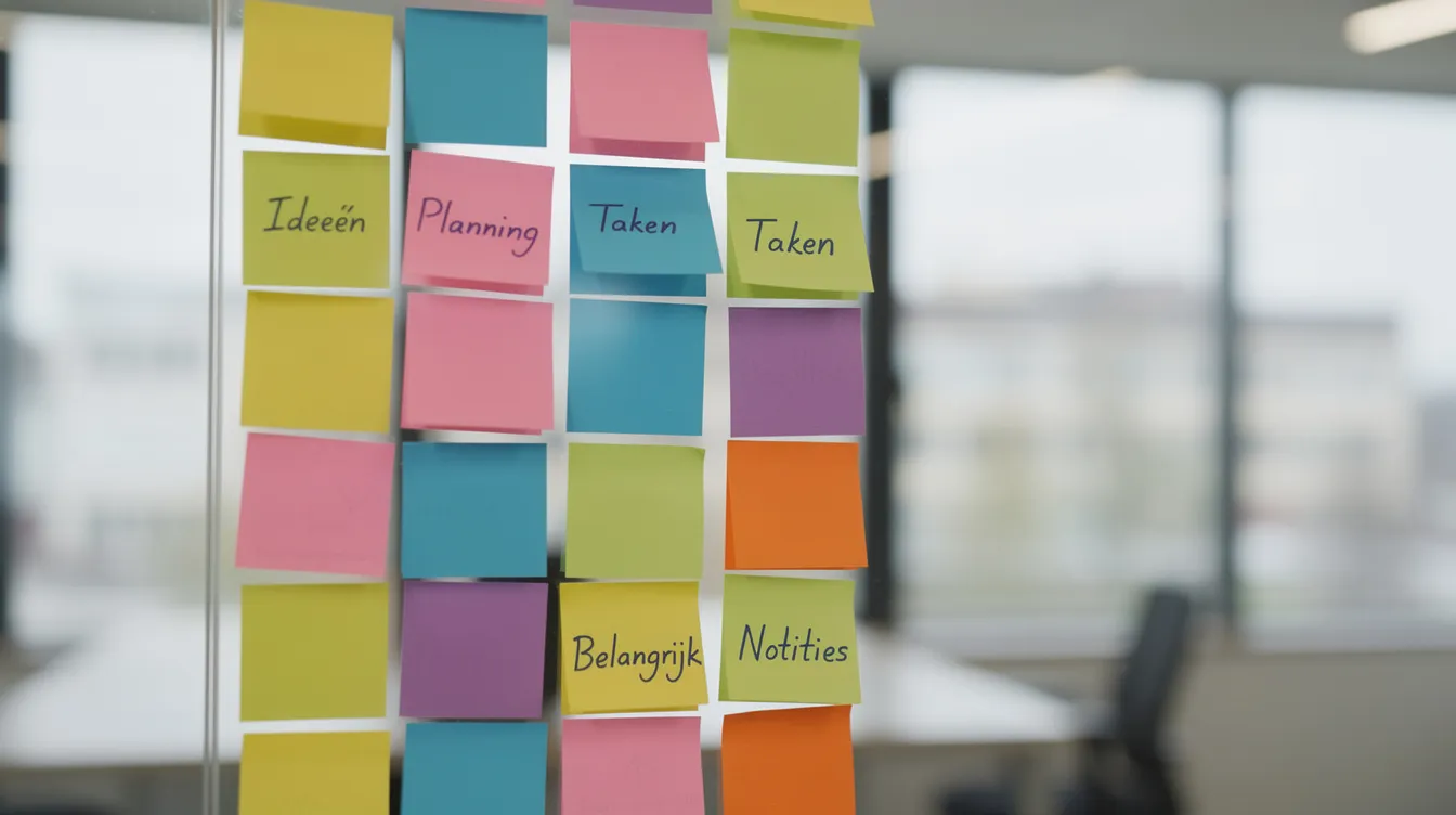 Een glazen wand is bedekt met kleurrijke sticky notes, netjes gerangschikt in zeven kolommen. Deze visuele organisatie kan dienen als hulpmiddel voor brainstormsessies en het ontwikkelen van nieuwe ideeën in teamprojecten.