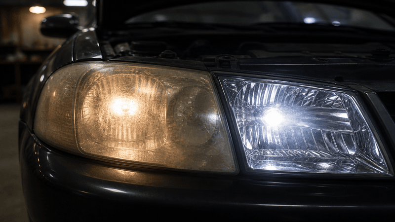 Cloudy, yellowed car headlight lens with weak, scattered light output