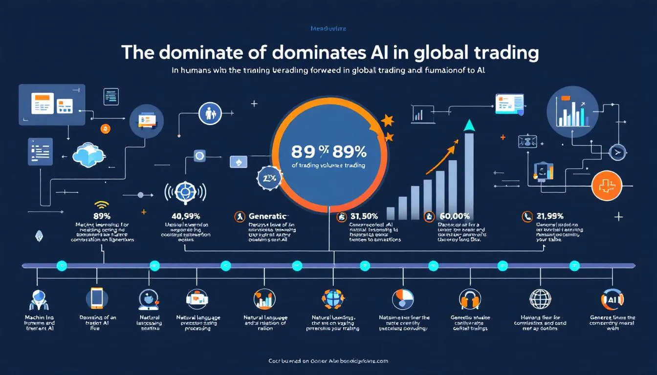 In the image, a digital representation of financial markets is shown, highlighting the significant role of AI technologies in driving 89% of global trading volume. Various elements depict AI trading systems, machine learning models, and automated trading strategies, emphasizing the competitive advantage gained by financial institutions that adopt these advanced tools for trade execution and risk management.