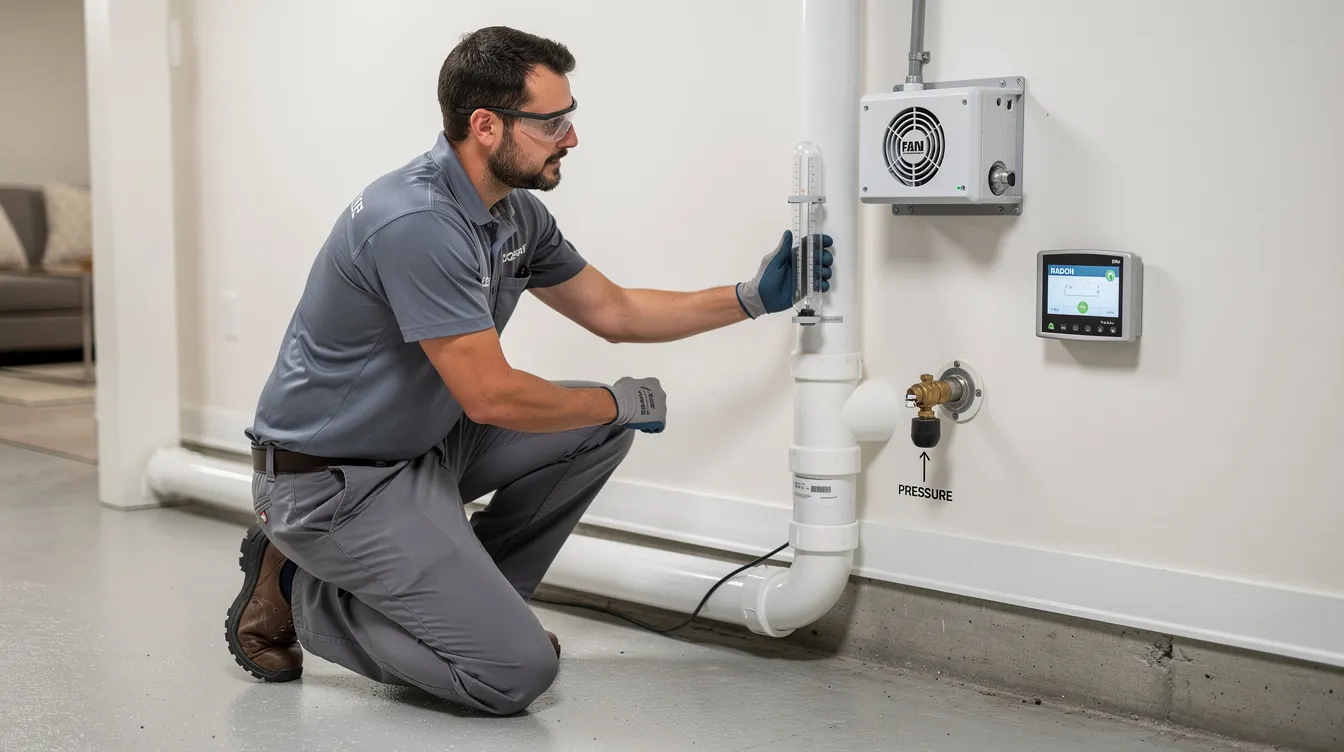 A professional radon mitigator inspecting a home&rsquo;s radon mitigation system.