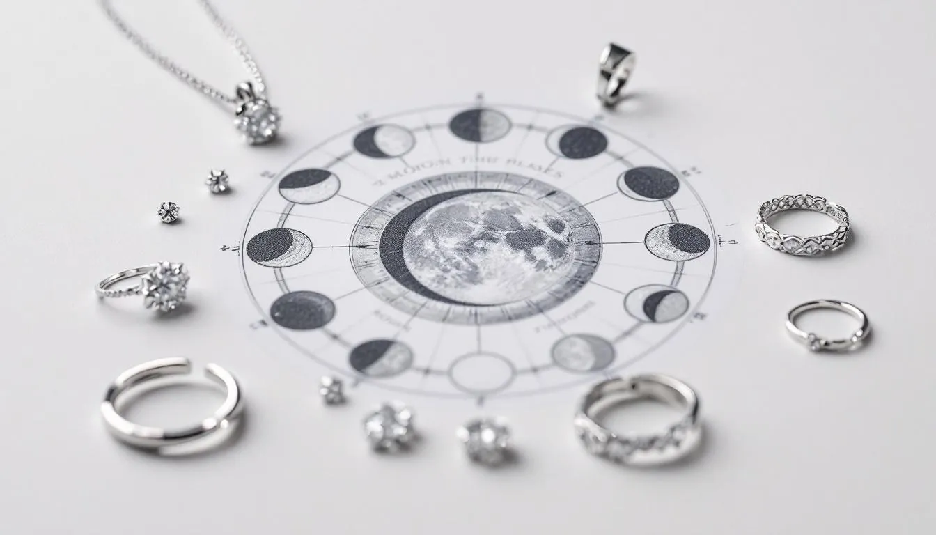 The image features an arrangement of elegant silver jewelry pieces, including rings and chains, surrounding a diagram of moon phases, complemented by shimmering crystals. This setup symbolizes the spiritual benefits of wearing silver, such as emotional balance and protection against negative energies, while enhancing one's spiritual journey and promoting inner peace.