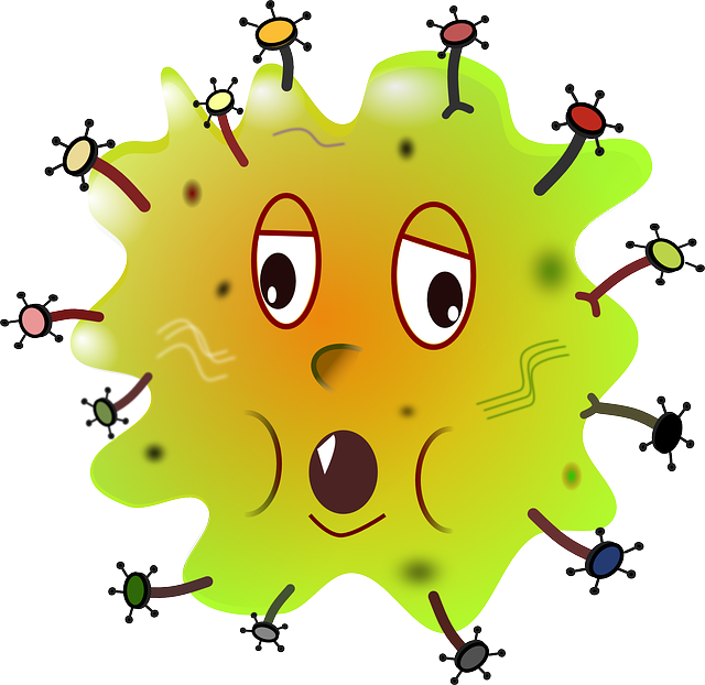 A cartoon image of a germ or bacterium. 