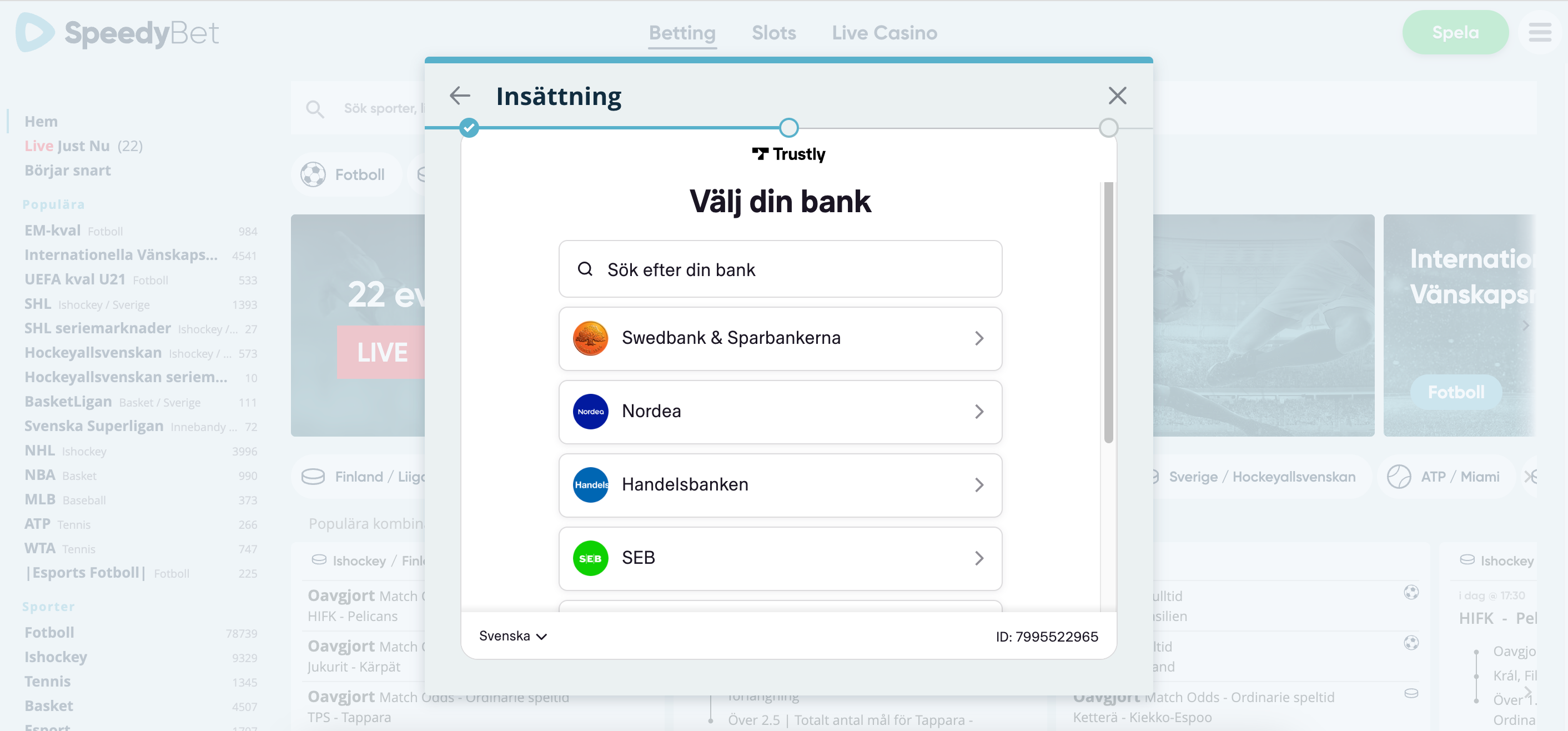 Insättning hos SpeedyBet via Bank ID med Trustly.