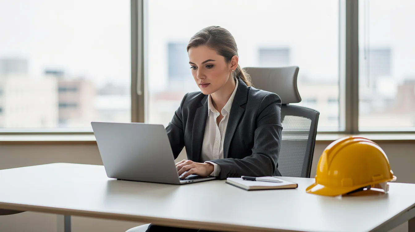 A person is seated at a modern office desk, focused on using a laptop, with a construction hard hat placed nearby, suggesting a blend of technology and construction themes. The environment is bright and contemporary, indicating a workspace that might be involved in projects related to both AI systems and traditional construction.