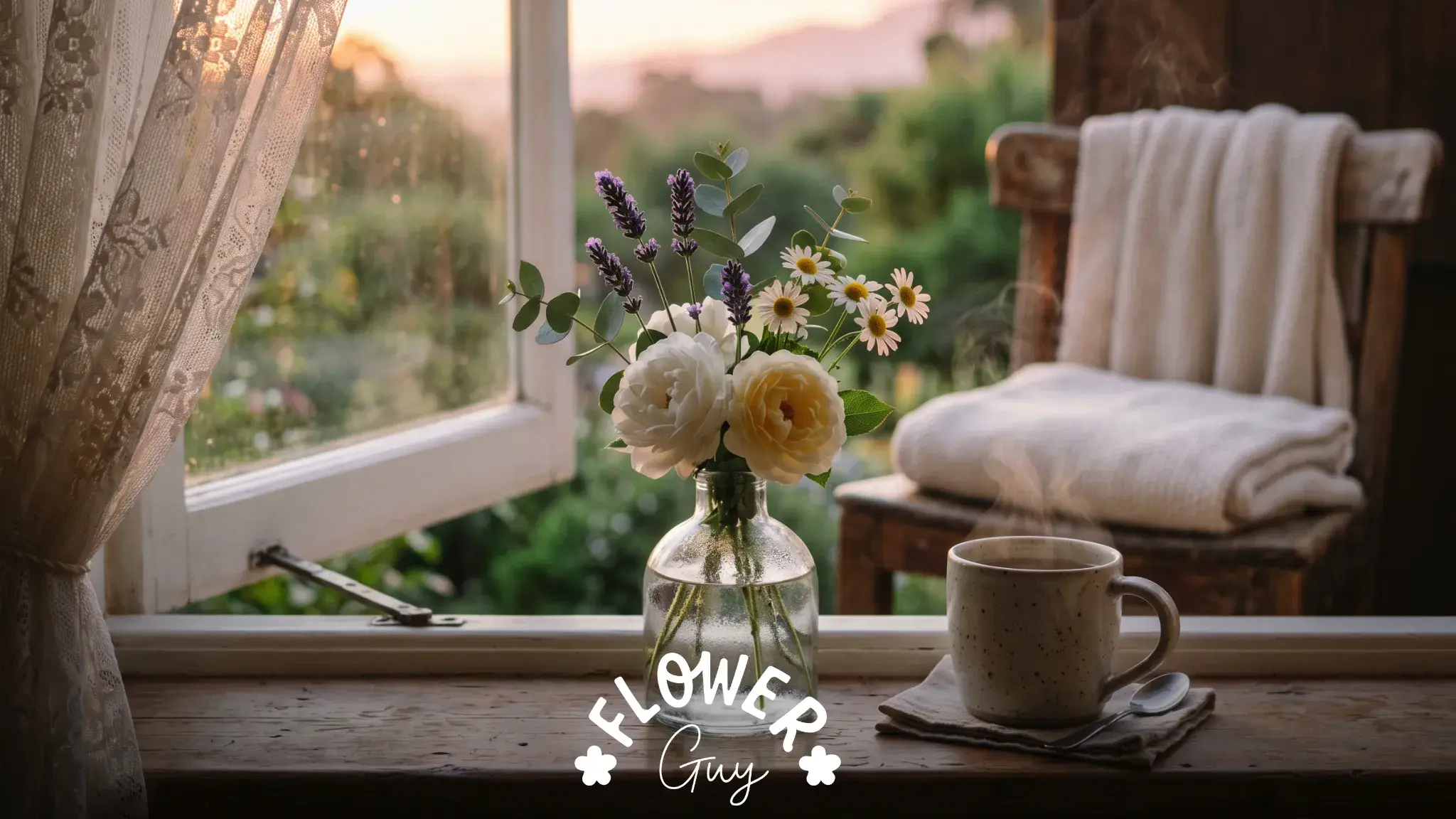 Healing bouquet of white roses, yellow roses, lavender and eucalyptus on a Newlands cottage windowsill at dawn