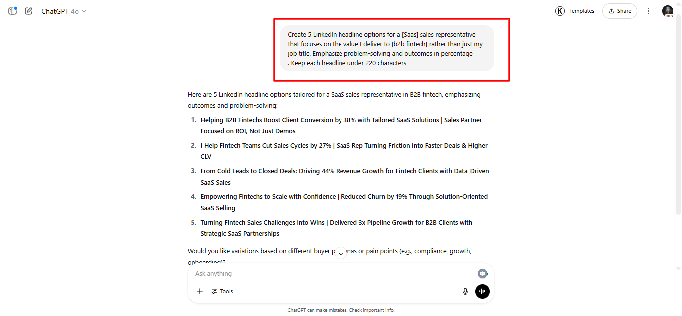 ChatGPT prompt example for creating LinkedIn headlines