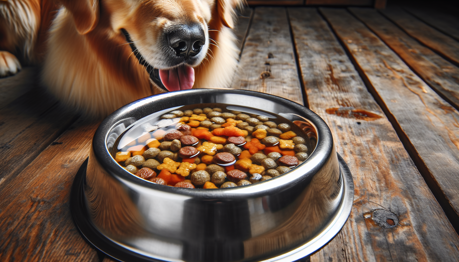 A bowl of wet dog food mixed with water to increase hydration