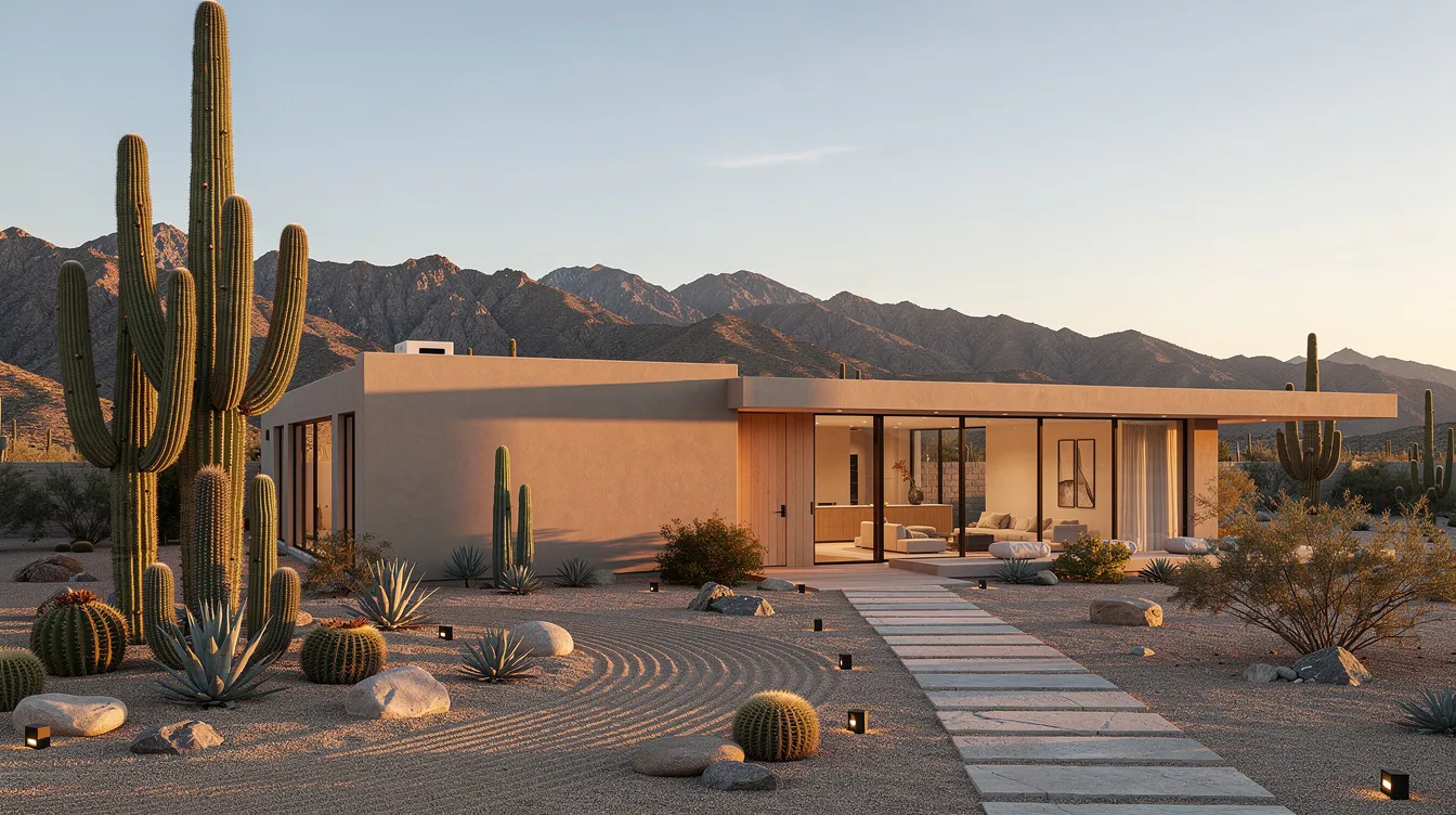 The image depicts a stylish desert vacation home surrounded by a vibrant cactus garden, with stunning mountain views in the background. This property, ideal for short term rentals like Airbnb, showcases its potential for generating rental income and offers a serene getaway for visitors.