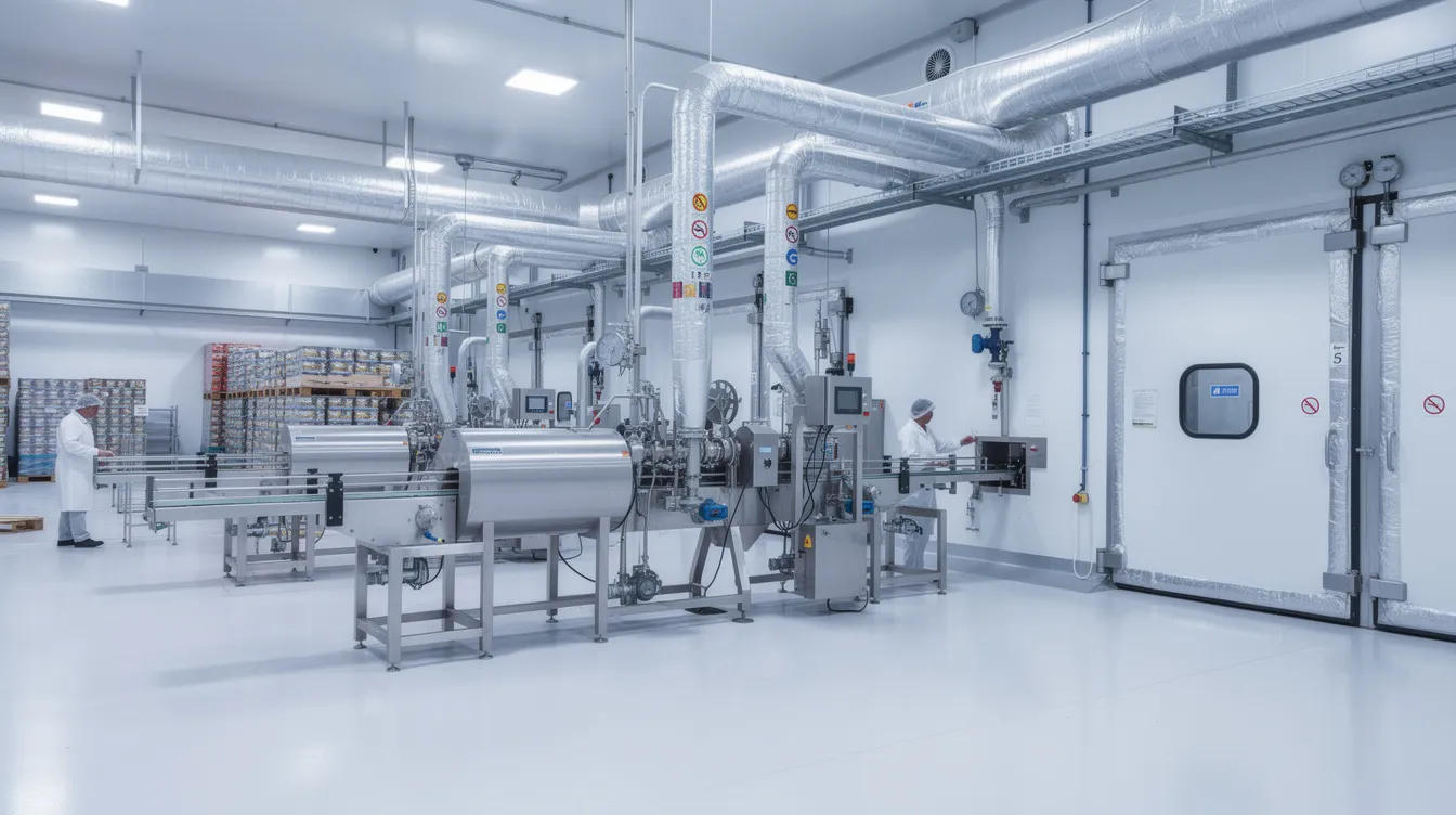 The image depicts a modern industrial ice cream manufacturing facility, showcasing refrigeration piping and cold storage doors essential for maintaining product quality. This facility is designed for the production and hardening of different types of frozen desserts, ensuring proper temperature control for ice cream distribution.