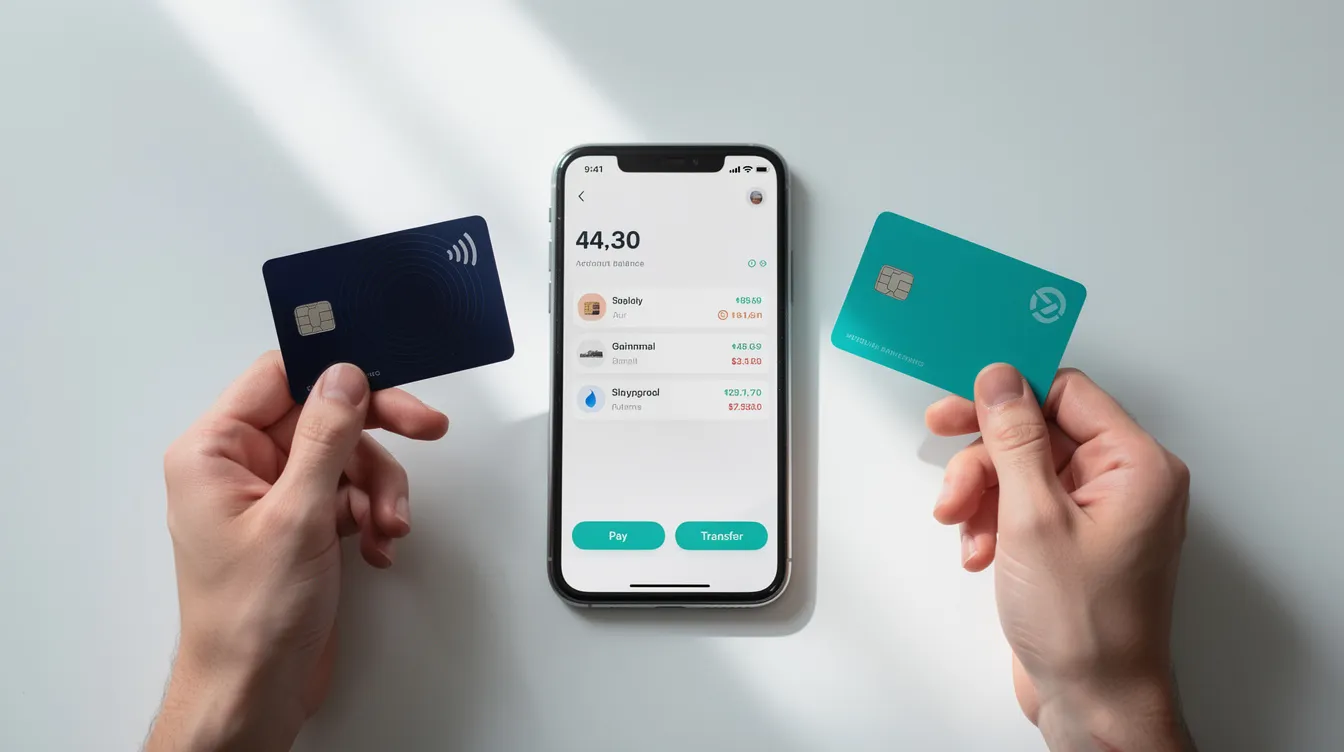 The image shows a pair of hands holding two different payment cards, with a mobile phone beside them displaying a banking app interface. This setup illustrates the comparison between payment solutions like Payoneer and Revolut, highlighting features such as multi-currency accounts and online payments for efficient financial management.