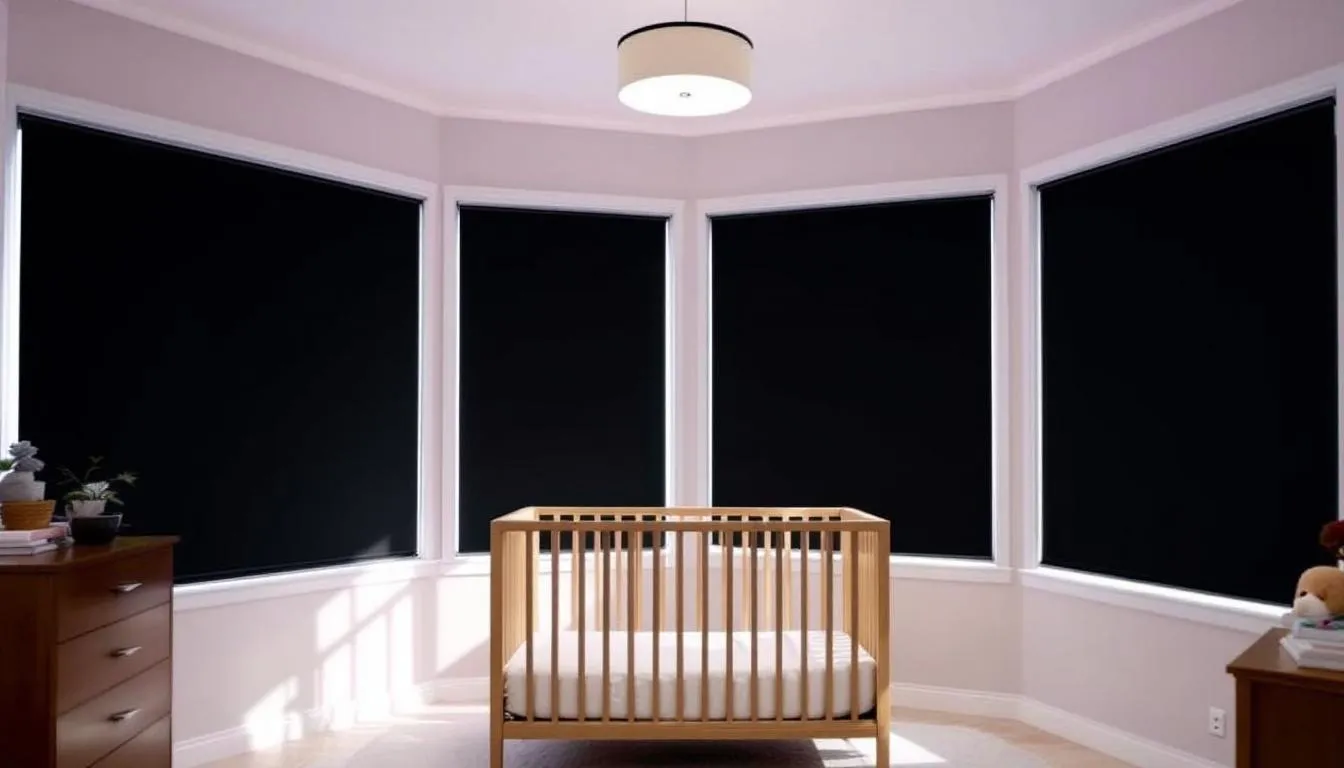 In a serene nursery, motorized blackout shades are fully drawn, enveloping the room in complete darkness, ideal for peaceful sleep. The sleek window treatments effectively block out sunlight, creating a cozy and tranquil space for children.