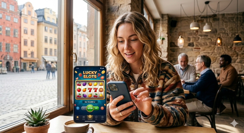 Vrouw speelt slots via een mobiele casino app op smartphone, voorbeeld van online casino apps in Nederland waar spelers favoriete casino games spelen via iOS of Android apparaten in een mobiel casino.