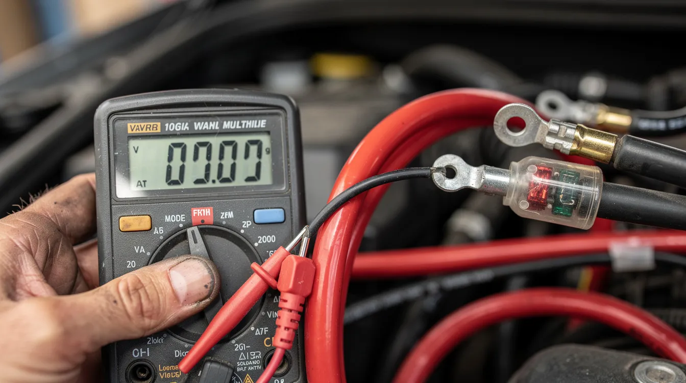 A close-up view of a multimeter being used to test car audio power wiring, with visible RCA cables and speaker wires nearby. The multimeter's display shows voltage readings, indicating a security verification process to troubleshoot a potential faulty amp.
