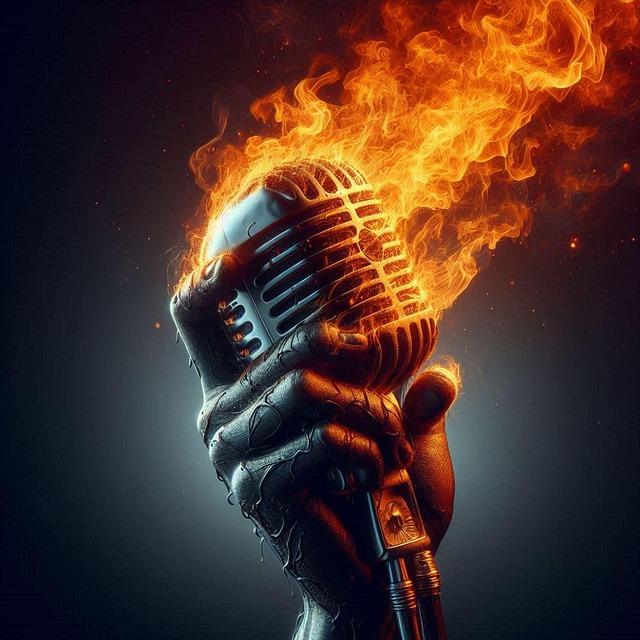 ai generated, microphone, sound, music, fire, blaze, fist, rock, heavy, concert, rocker, poet, open mic, fuel, passion, surreal, metaphor, hand, fireproof, fantasy