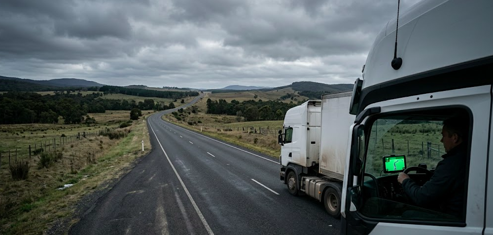 Delivery truck driving through a rural area with GPS tracker recording route offline without mobile signal